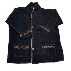 🖤 CAROL HORN Vintage Cardigan Jacket L 100% Viscose Boho Chic Black & Orange 🧡